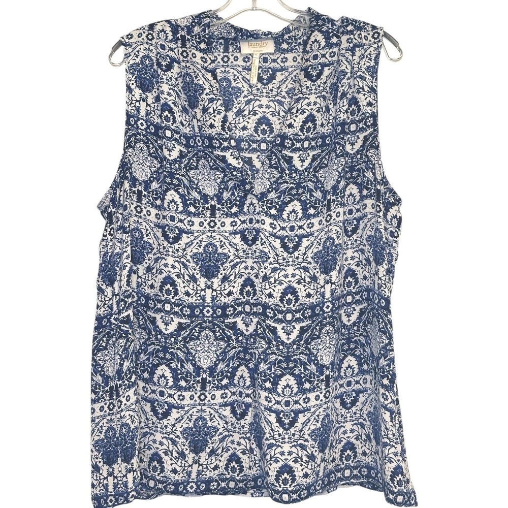 Laundry by Shelli Segal Blouse Womens  Blue White Sleeveless Boho Chic XL